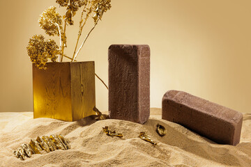 Sidewalk stones. Paving slabs sidewalk in desert sand on yellow background. Concept for advertising...