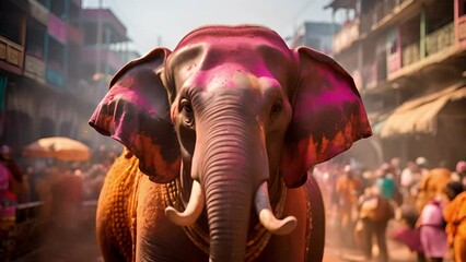 A decorated elephant covered in vibrant pink powder walks through a bustling street during a colorful festival celebration