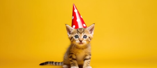 cute cat celebrating with red party hat and exploding on yellow background copy space