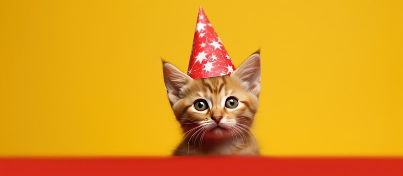 cute cat celebrating with red party hat and exploding on yellow background copy space