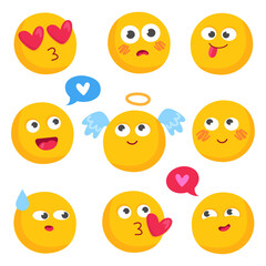 Fototapeta premium Emoji face set. Colorful emoji of love and romantic theme. Different emotions. Love, romantic, angel, confused, shy, smile, kiss, crazy, astonishment. Cute childish funny colorful illustrations. 
