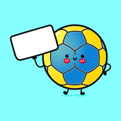 Cute funny Handball with poster. Vector hand drawn cartoon kawaii character illustration icon. Isolated on blue background. Handball ball think concept