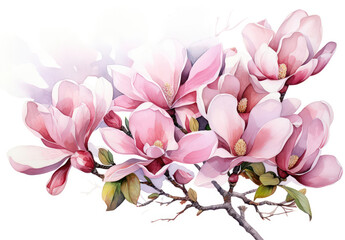 Delicate Beauty: Vivid Magnolia Blossoming under Gentle Spring Sunlight, A Floral Masterpiece on White Background