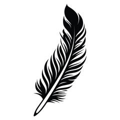 Obraz premium Black fluffy feather. Hand drawing vintage art realistic quill feathers for pen detailed isolated vector elegant silhouette sketch bird plume set