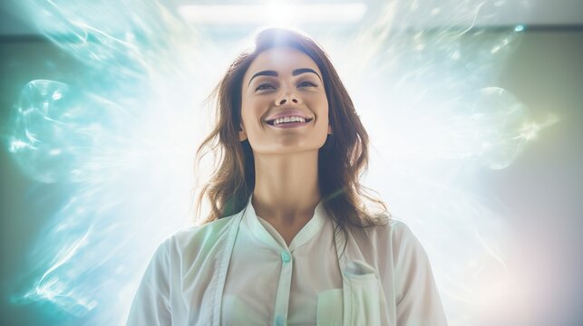 A woman healthcare professional, radiating positivity, in a real photo, stock photography style