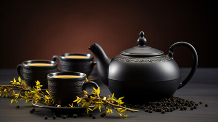 Asian black traditional teapot and teacups