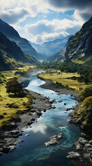 Fototapeta na wymiar A Serene Valley: The Dance of Light and Shadow over Lush Greenery and Winding River