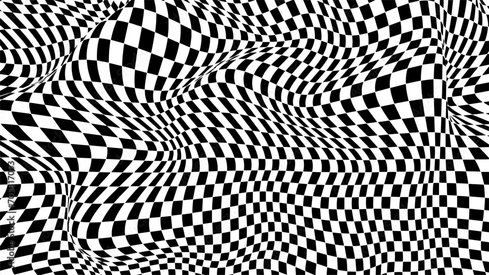 Poster warped checkered pattern. optical illusion trippy background. vector wave checkerboard