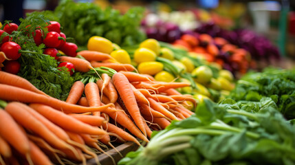 Close up shot of juicy fresh fruits and vegetables  on a farmers market