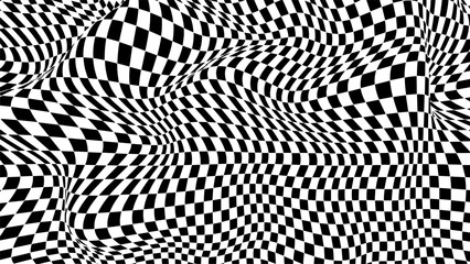 Warped checkered pattern. Optical illusion trippy background. Vector wave checkerboard - obrazy, fototapety, plakaty