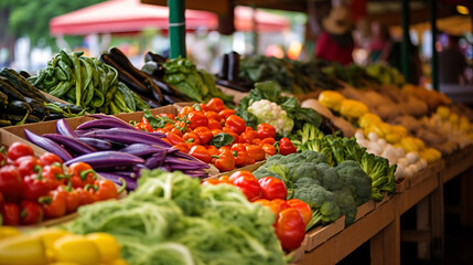 Close up shot of juicy fresh fruits and vegetables  on a farmers market