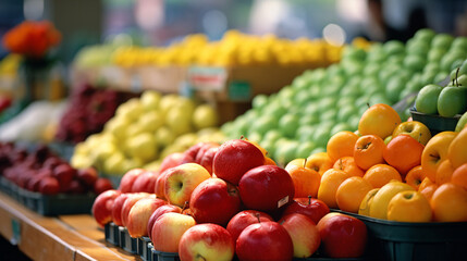 Close up shot of juicy fresh fruits and vegetables  on a farmers market