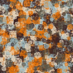 Seamless pattern lattice shell structure design. Mixed background with different colors. Papaya orange, english walnut, light grey blue, vanilla and ironside grey colors.