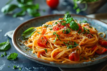Fotobehang tasty italian spaghetti pasta with tomato, cheese and red pesto sauce, close up © Echelon IMG