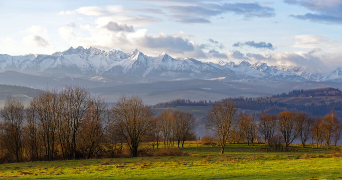 Piękna panorama ośnieżonych g&oacute;r Tatry, na pierwszym planie zielona łąka.