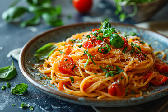 tasty italian spaghetti pasta with tomato, cheese and red pesto sauce, close up