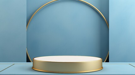 Shiny Gold Border on Empty Blue Cylinder Podium, Perfect for Awards, Competitions, and Presentations – 3D Render with Reflection