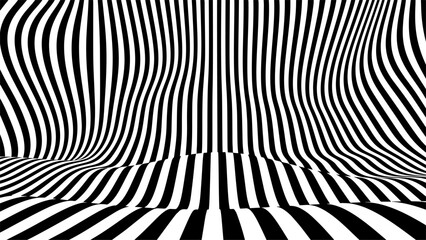 Optical illusion op art wavy background with black and white stripes texture.