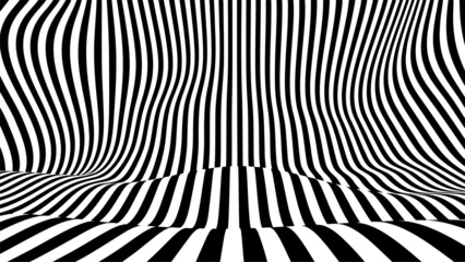 Foto op Plexiglas Optical illusion op art wavy background with black and white stripes texture. © RDVector