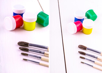 Naklejka premium Set of brushes and paints for painting on white background