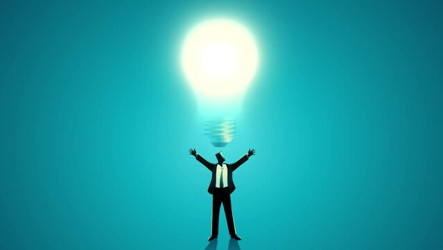 Businessman standing beneath a giant light bulb with open arms, symbolizes innovation, creativity, signifies inspiration, brilliant solutions, and groundbreaking ideas