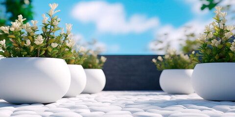 minimalist garden with several plants located in white pots. Generative AI