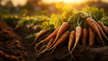 Recreation of a carrots bunch  fresh harvested in a orchard at sunset - obrazy, fototapety, plakaty