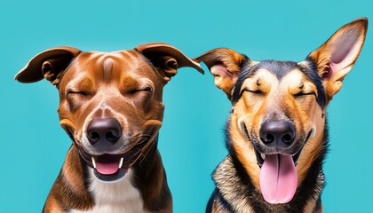Funny image of two dogs of different breeds, looking at camera with eyes closed, isolated on blue background with copy space