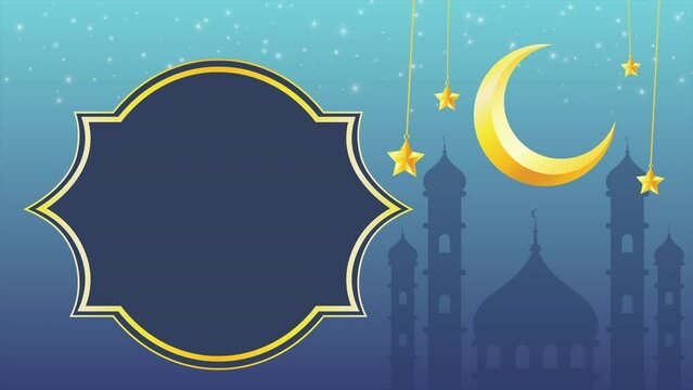 Animated Decorative Islamic Background. Ramadan Kareem Banner Design. Eid Mubarak and Ramadan Kareem Card or Banner Design Template. Mosque and Hanging Golden Crescent with Stars.