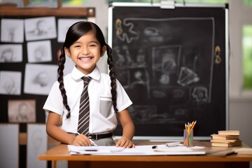 little girl smile in uniform dress study in school classroom,whiteboard, ivory wall, wood table, photography, commercial lighting