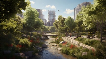 a scene highlighting the beauty of an urban forest park offering a natural refuge within the city