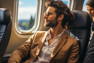 A laugher business man sitting in a seat in airplane and looking out from the window going on a trip vacation travel concep