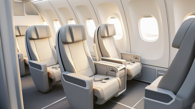 Interior of a modern airplane with empty gray leather seats near windows. Sustainable traveling holiday getaway