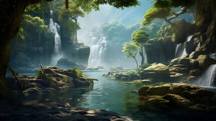 a scene highlighting the beauty of a waterfall cascading into a crystal-clear lake