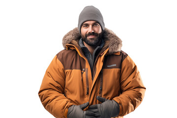 Man with beard in a orange winter jacket with beanie and winter gloves standing on a clipped PNG transparent background - obrazy, fototapety, plakaty