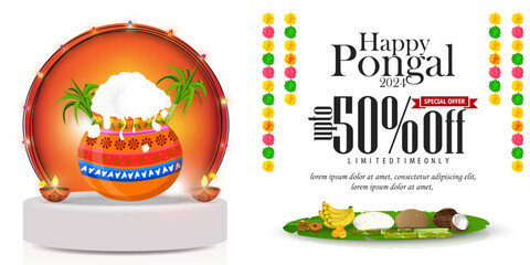 Happy Pongal Holiday Sale Banner Design Template. Vector illustration.