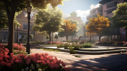 a scene highlighting the beauty of a modern city square adorned with trees and flower beds