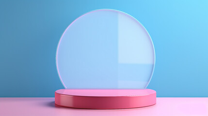 Captivating Pink Blue Translucent Glass Podium for Modern Product Displays – Elegant 3D Rendering with Abstract Background and Minimalistic Design