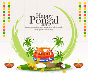 Happy Pongal Holiday background for harvesting festival of India. greeting card design template. vector illustration. - obrazy, fototapety, plakaty