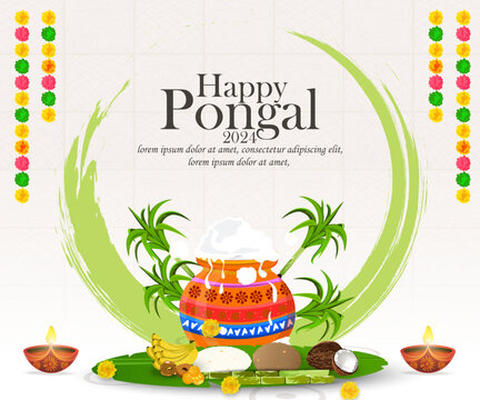 Happy Pongal Holiday background for harvesting festival of India. greeting card design template. vector illustration.