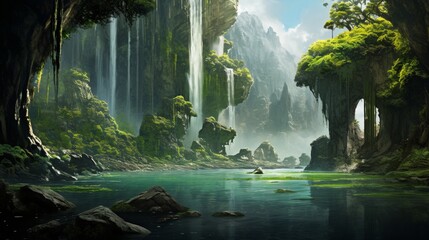 a scene highlighting the beauty of a waterfall cascading into a crystal-clear lake