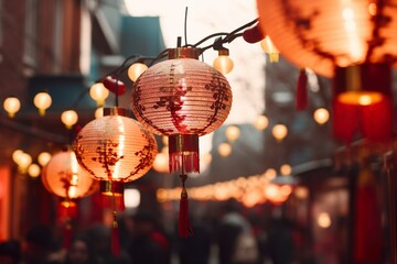 Fototapeta premium Multiple hanging red paper lantern as decoration for Chinese New Year celebration in the street. Generative Ai