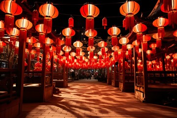 Multiple hanging red paper lantern as decoration for Chinese New Year celebration in the street....