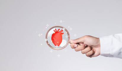 Doctor hand holding magnifying glass focus heartbeat icon for checking the function of the patient...