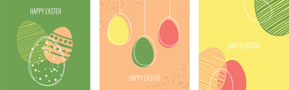 easter card with eggs set . flat minimalistic illustration modern style square postcards, poster, ad.