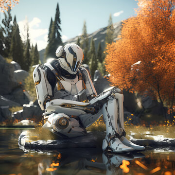 A futuristic robot in a natural outdoor setting.