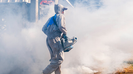 Outdoor healthcare worker walking in the midst of chemical fume while spraying insecticide to...