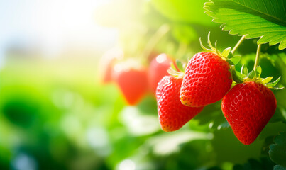 Strawberry bush close up, garden background with copy space - obrazy, fototapety, plakaty