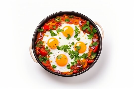 Homemade shakshuka fried eggs with onion, pepper, tomato and parsley isolated on white background
