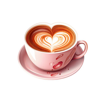 hot coffee cup latte with heart shaped latte art milk foam on white saucer illustration transparent backgroundd